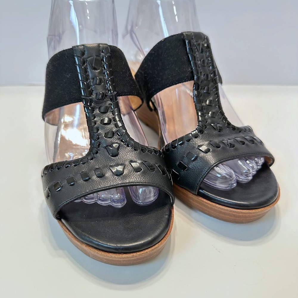 Jack Rogers Black Leather Whipstitch T-Strap Wedge Sandals Womens 7.5M - Picture 3 of 10